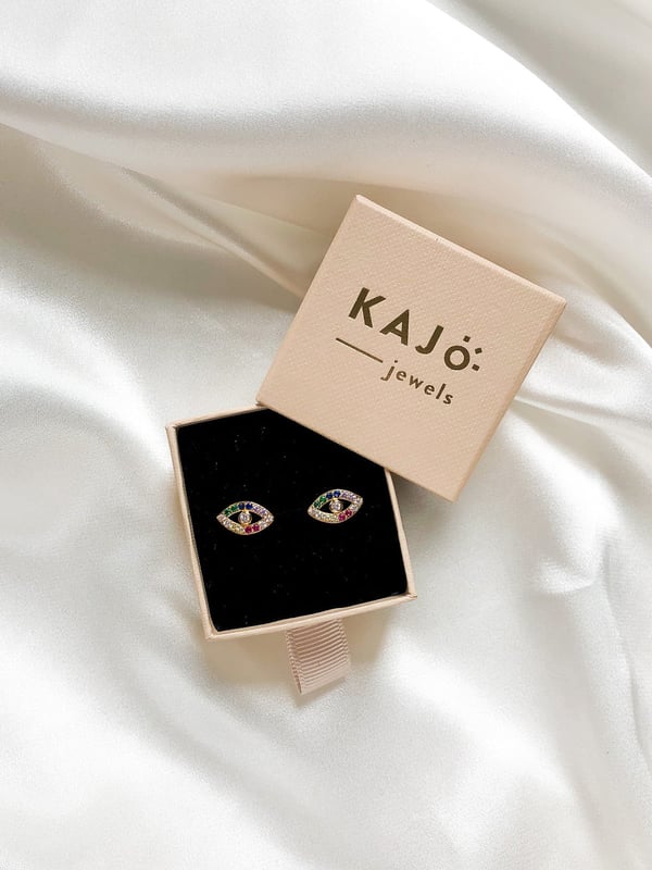 Pozłacane kolczyki oczy z tęczowymi cyrkoniami